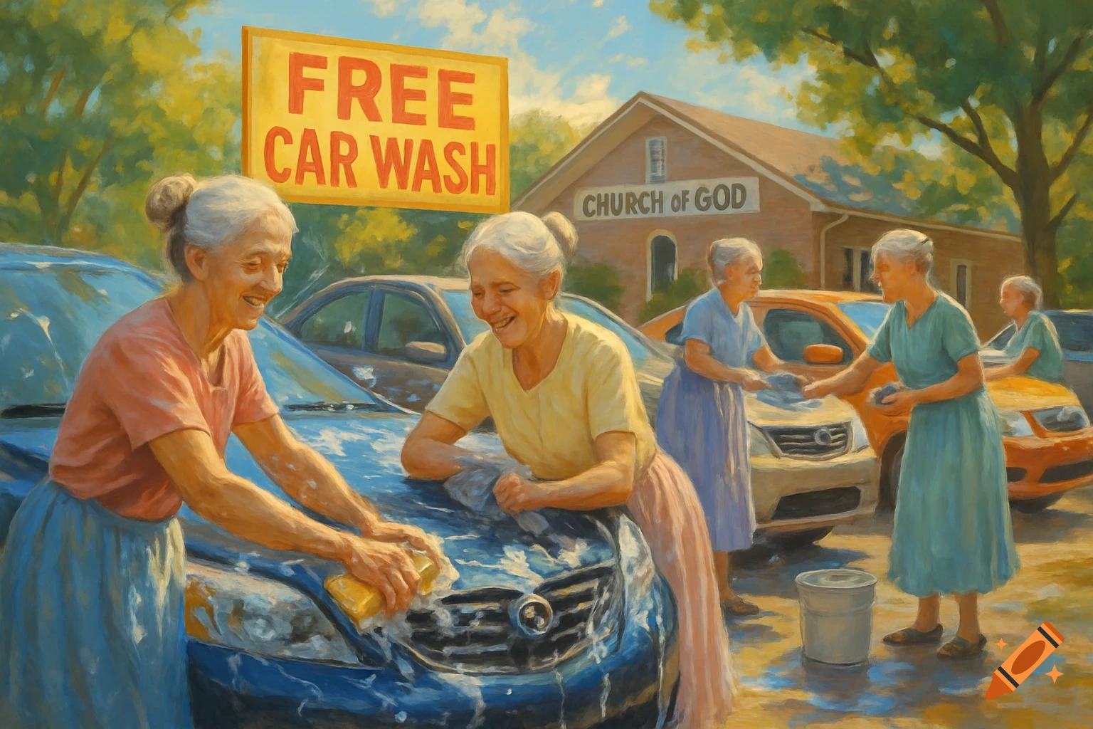 Elderly women washing cars at a church free car wash, painted in an impressionistic style.