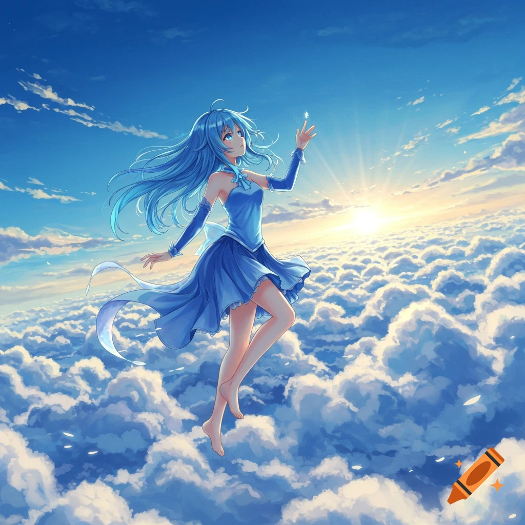 An anime girl with long blue hair and a blue dress floats gracefully above a sea of clouds at sunset, reaching out to a star.