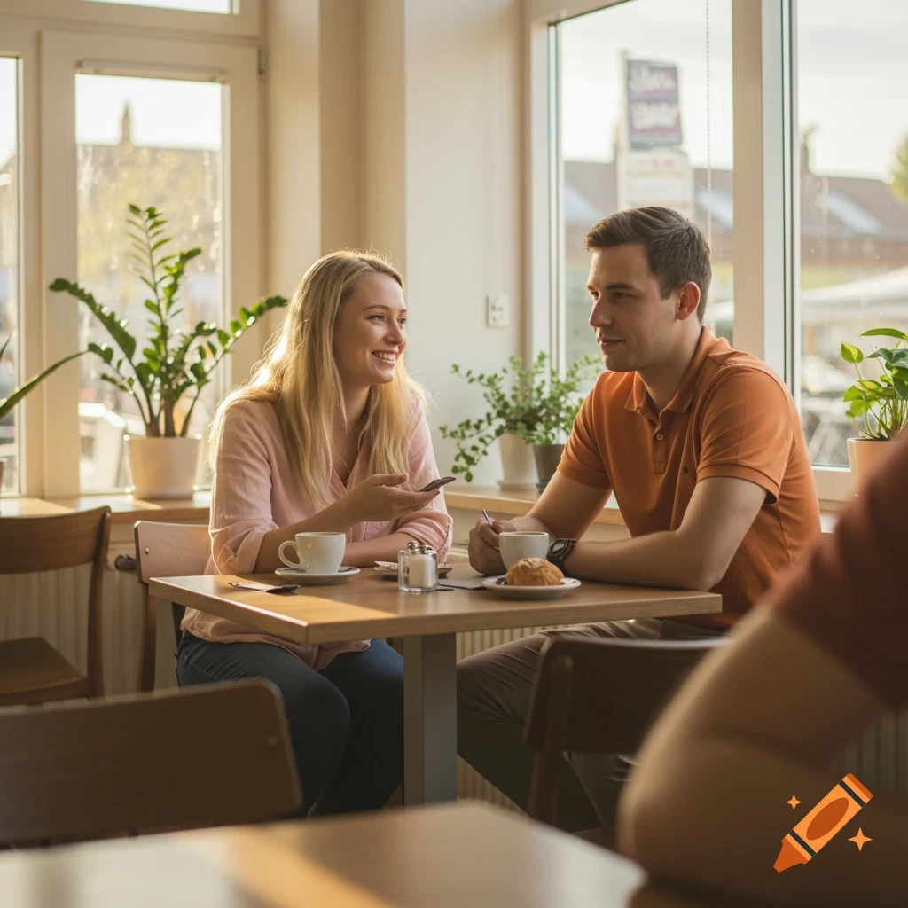 A man and a woman are sitting at a table in a cafe, chatting and drinking coffee, with large windows in the background.