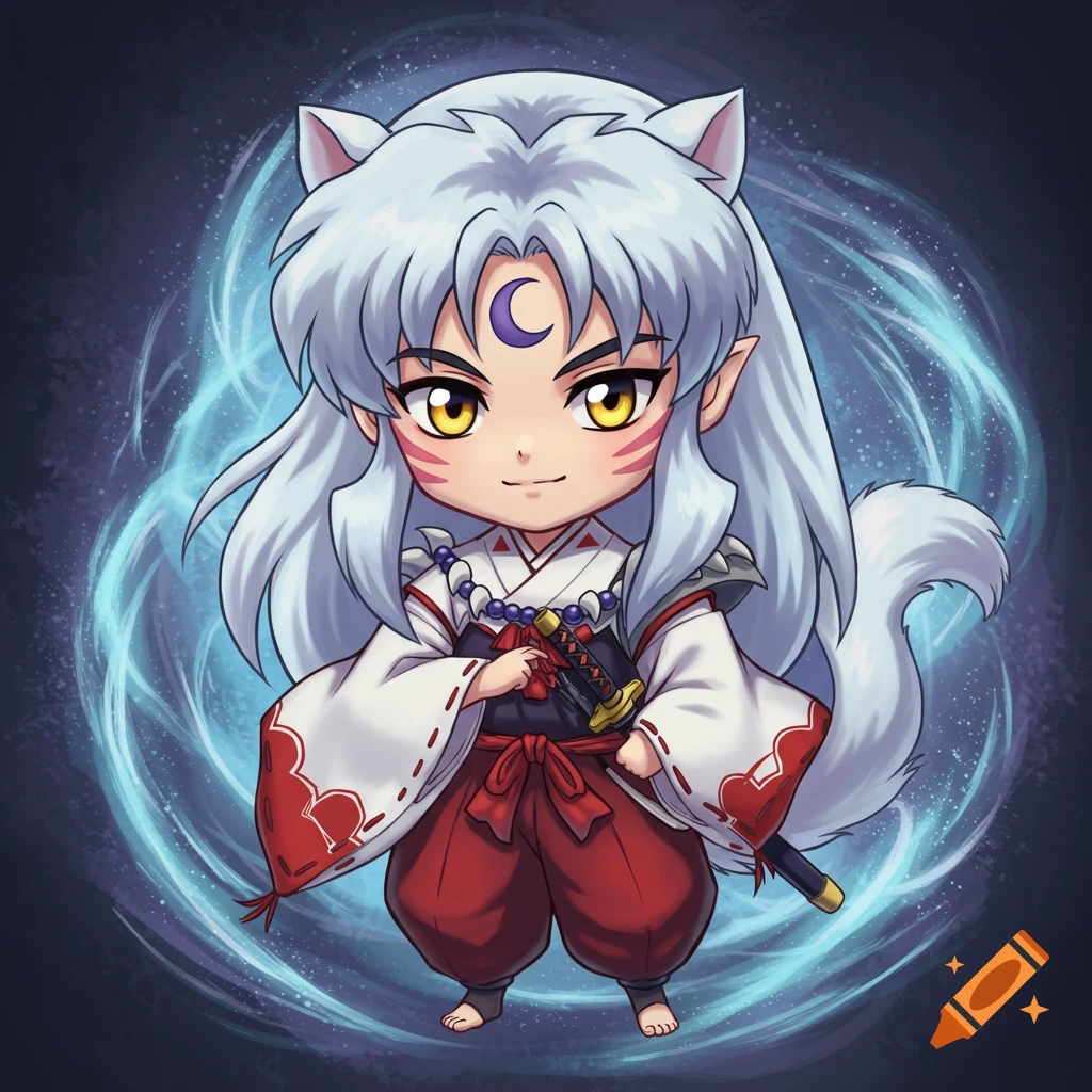 Chibi Inuyasha with white hair, cat ears, a crescent moon, yellow eyes, wearing a white and red outfit, holding a sword amidst a blue aura.