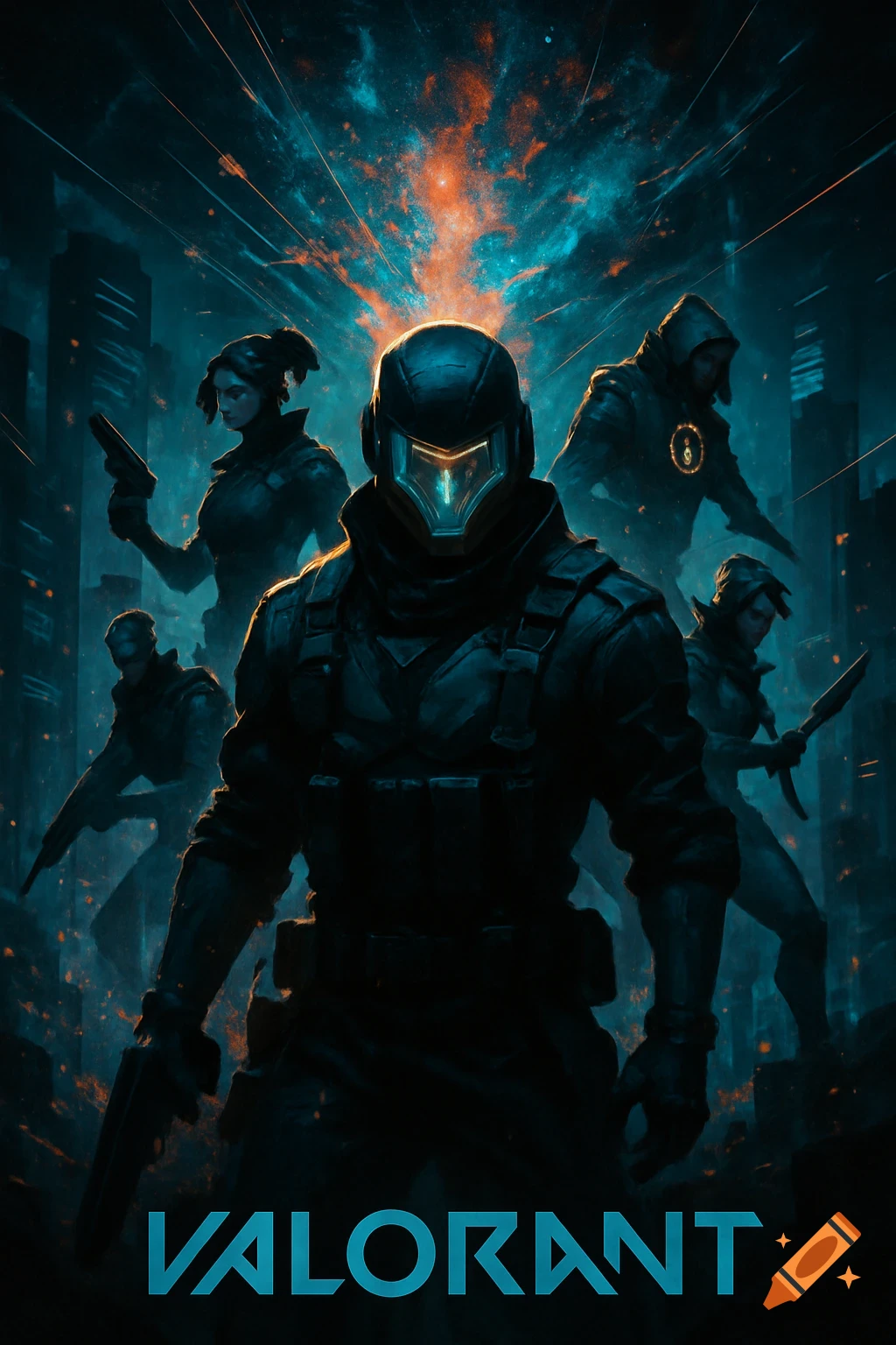A stylized sci-fi poster with dark, armed figures in a futuristic city, featuring a helmeted soldier in the foreground and 'VALORANT' text.