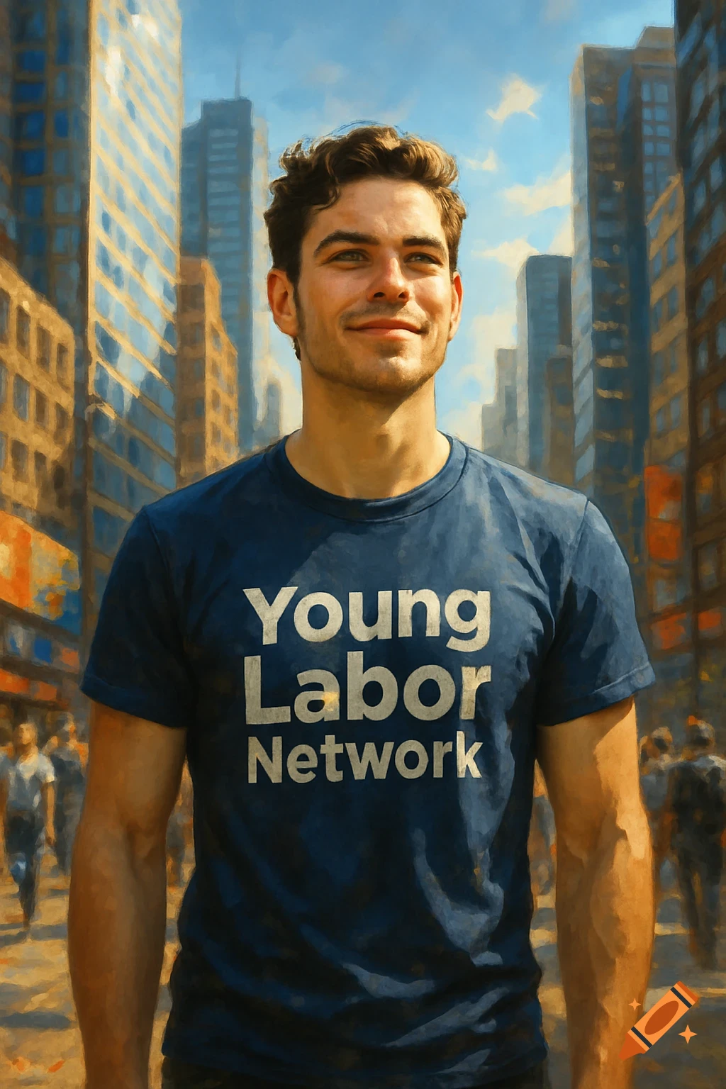 A man in a blue t-shirt with 'Young Labor Network' printed on it stands in a city street, looking up.