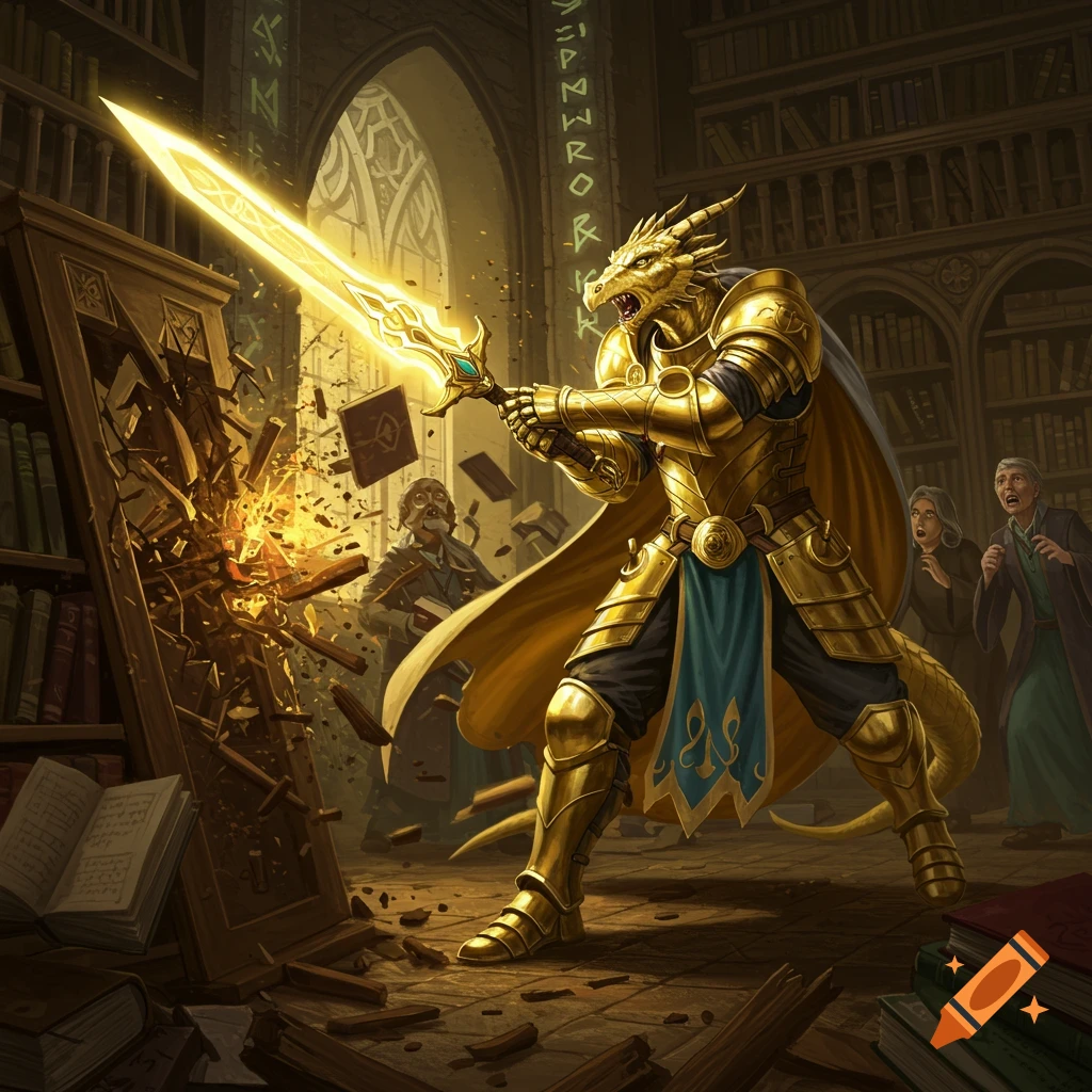A golden dragonborn paladin in radiant armor smashes a wooden bookshelf with a glowing greatsword in a library, startling scholars. High fantasy art style.