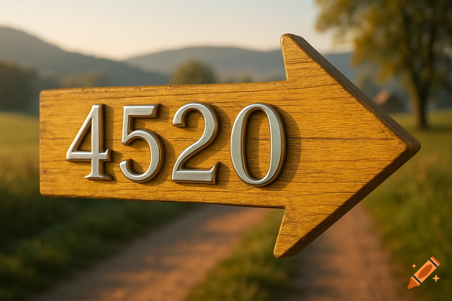 A yellow wooden arrow sign with silver numbers "4520" pointing right on a dirt path with blurred hills in the background.