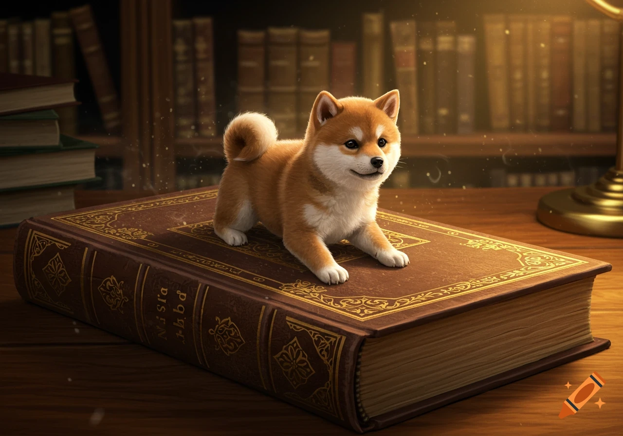 A tiny, fluffy Shiba Inu puppy sits on a large, ornate leather-bound book in a warmly lit library.
