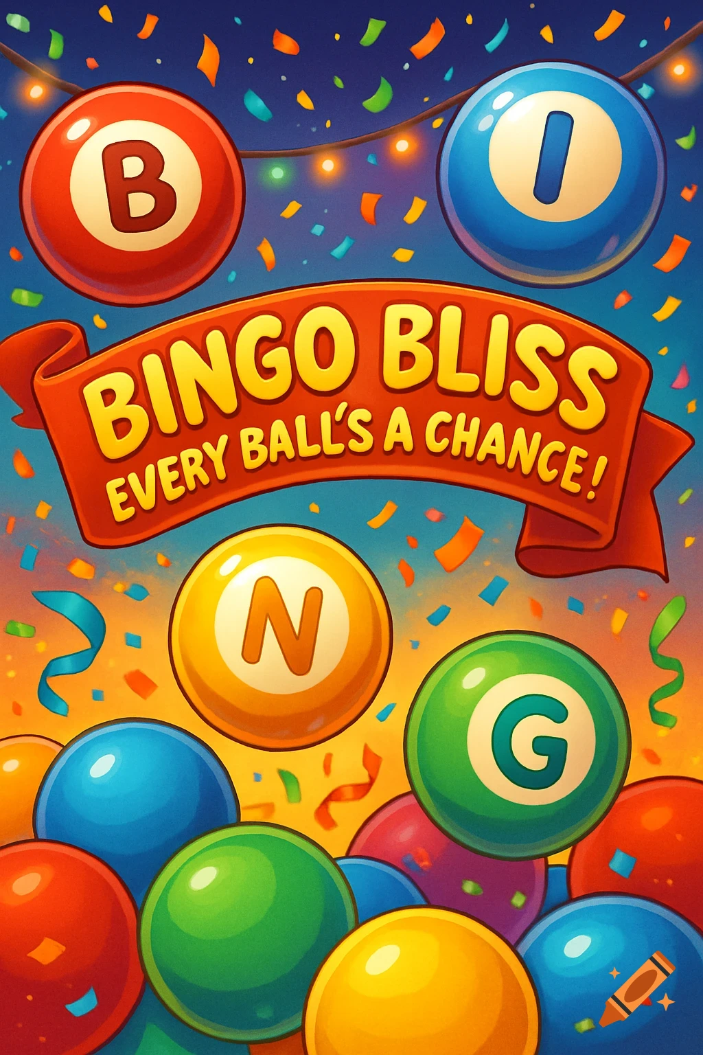 Colorful bingo balls, confetti, and string lights around a red banner that reads 'BINGO BLISS EVERY BALL's A CHANCE!'