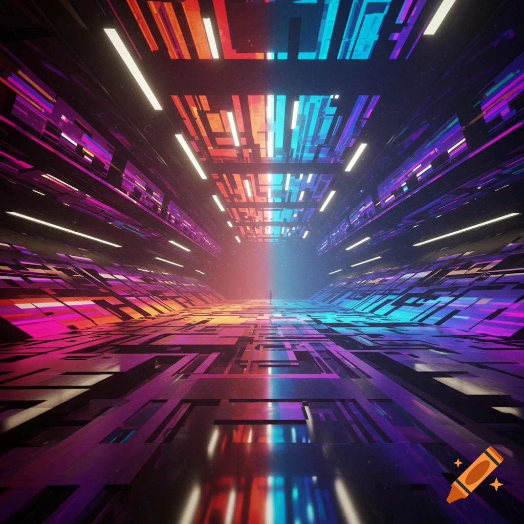 Vibrant neon tunnel with geometric patterns and a distant figure, evoking a liminal, futuristic space.