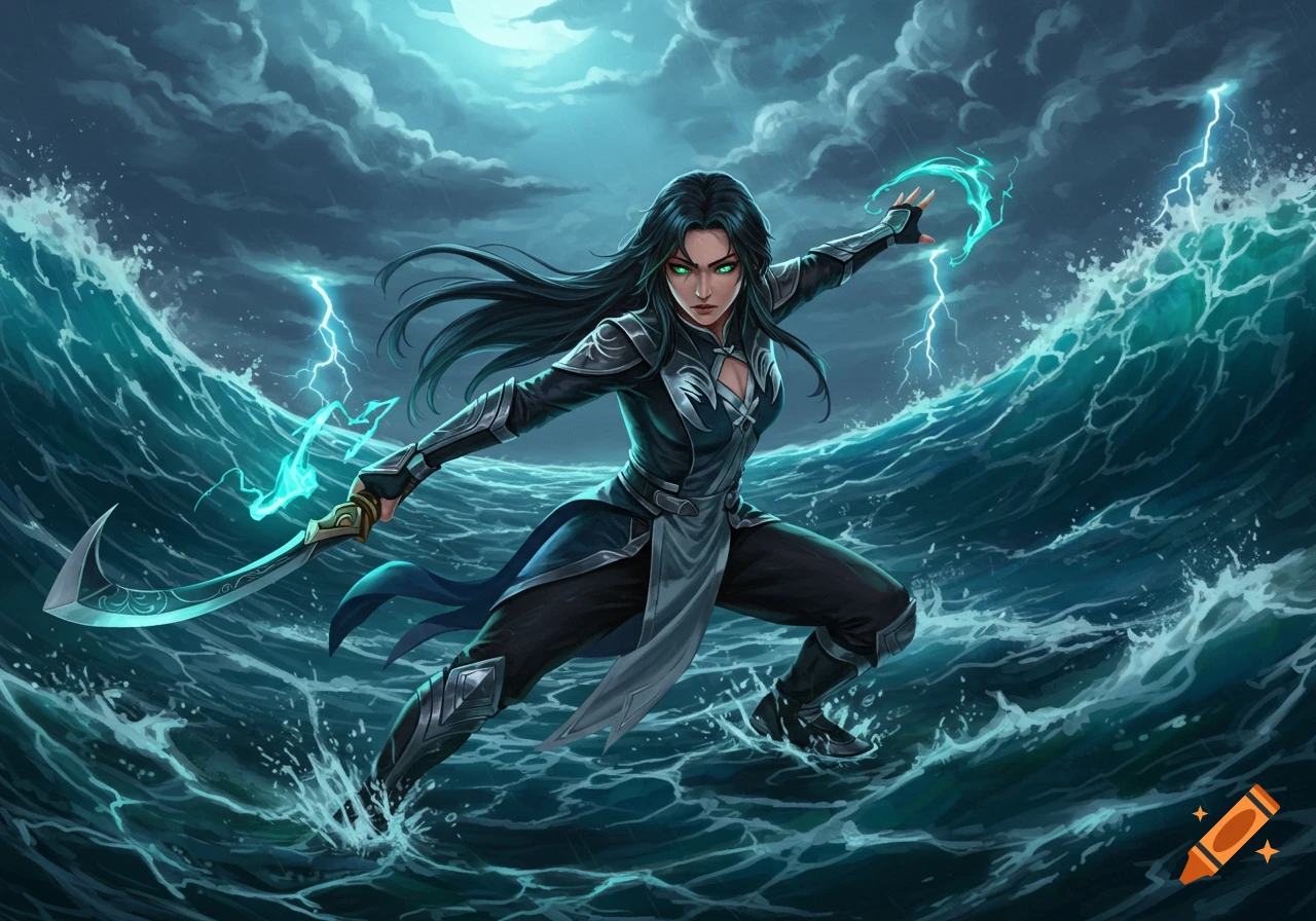 A female warrior in a storm, standing in crashing waves, holding a curved sword and casting blue lightning magic.
