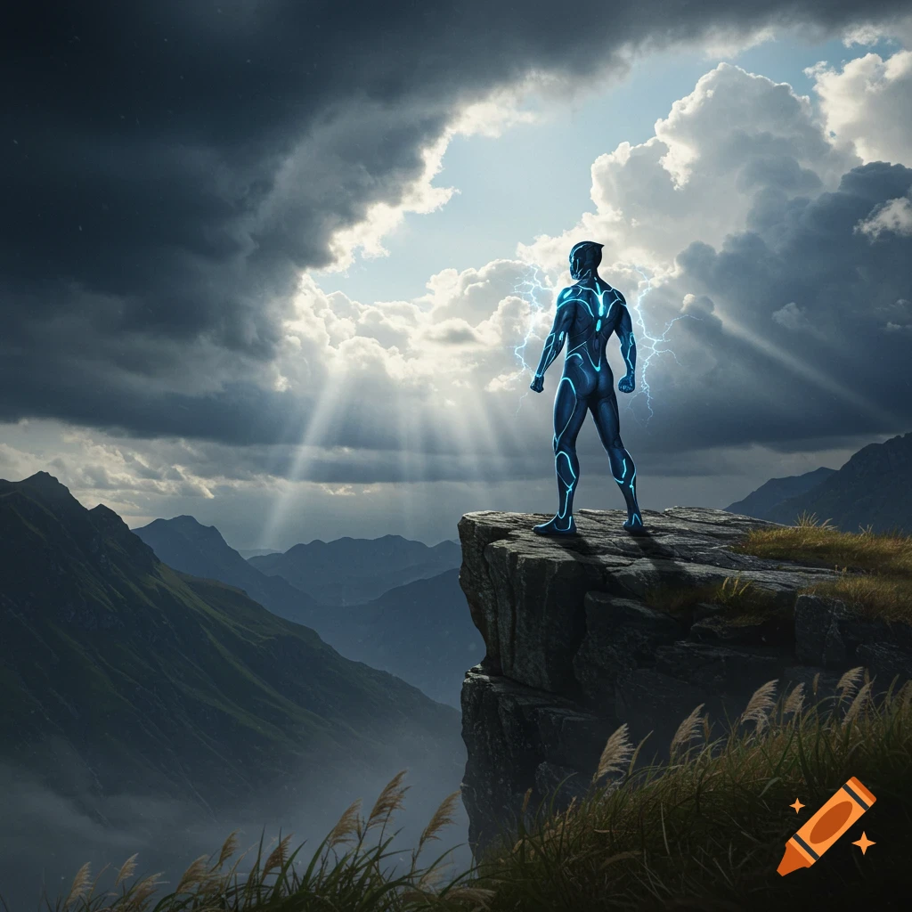 A futuristic figure in a glowing blue suit stands on a cliff overlooking a vast mountain range under a dramatic, sunlit sky.