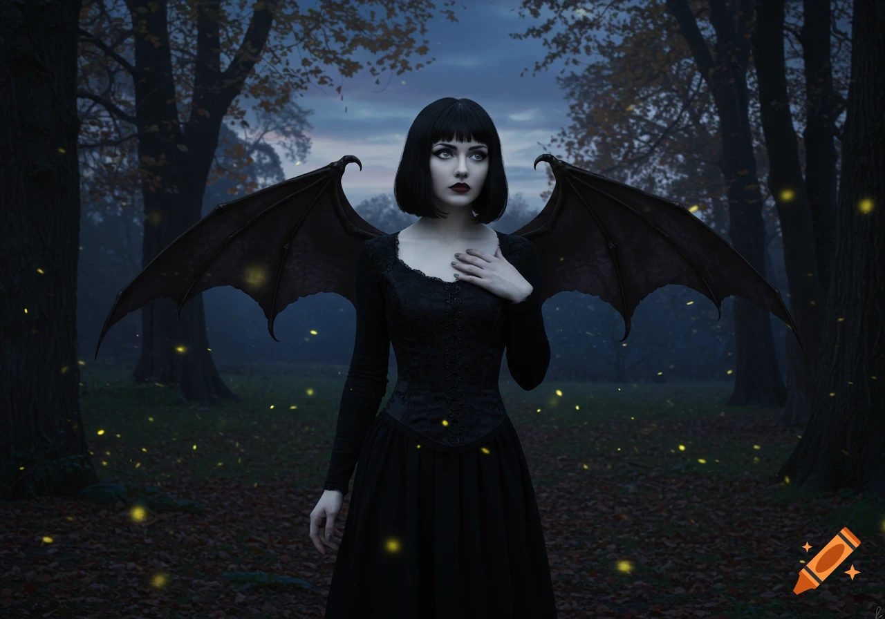 A woman with short black hair and bat wings stands in a dark forest with glowing elements on the ground, dusk sky.