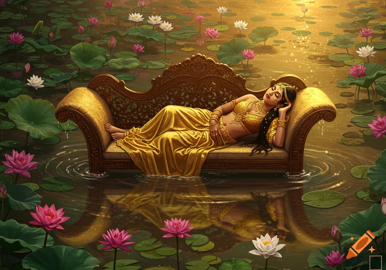 An Indian princess in golden attire reclines on a golden couch floating amidst a pond filled with pink and white lotus flowers at sunset.