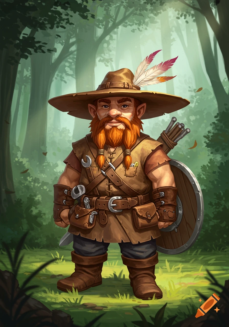 Stylized illustration of a stout male gnome in a hat with feathers, red beard, tunic, and tool belts, holding a shield in a forest.