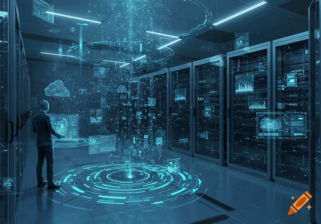 A man in a suit stands in a futuristic server room, interacting with glowing holographic displays showing data and charts.