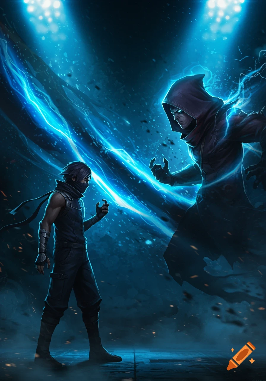 Two characters, a ninja-like brawler and a shadowy hooded figure, face off amidst glowing blue lightning in a dark, dramatic digital art style.