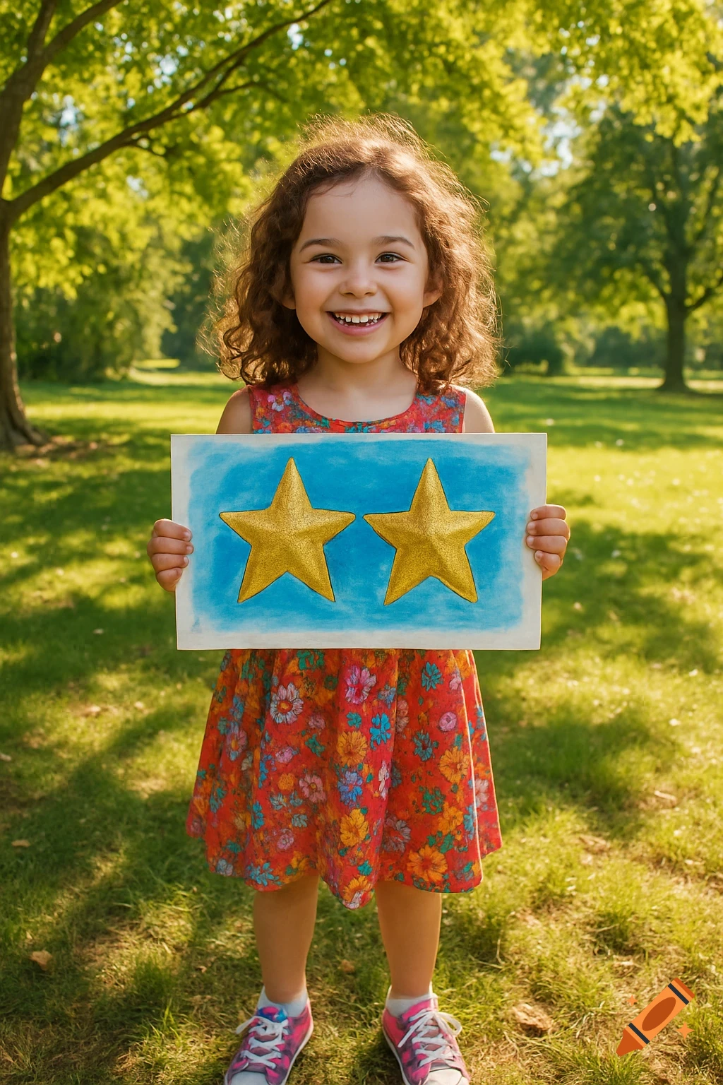 A smiling young girl with curly hair holds up a sign with two gold stars in a sunny park.