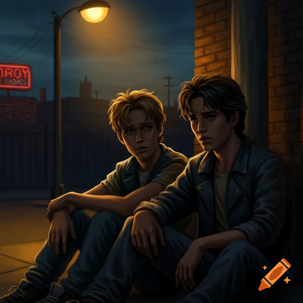 Two young men sit on a sidewalk at night, illuminated by a streetlamp, in an illustrative style.