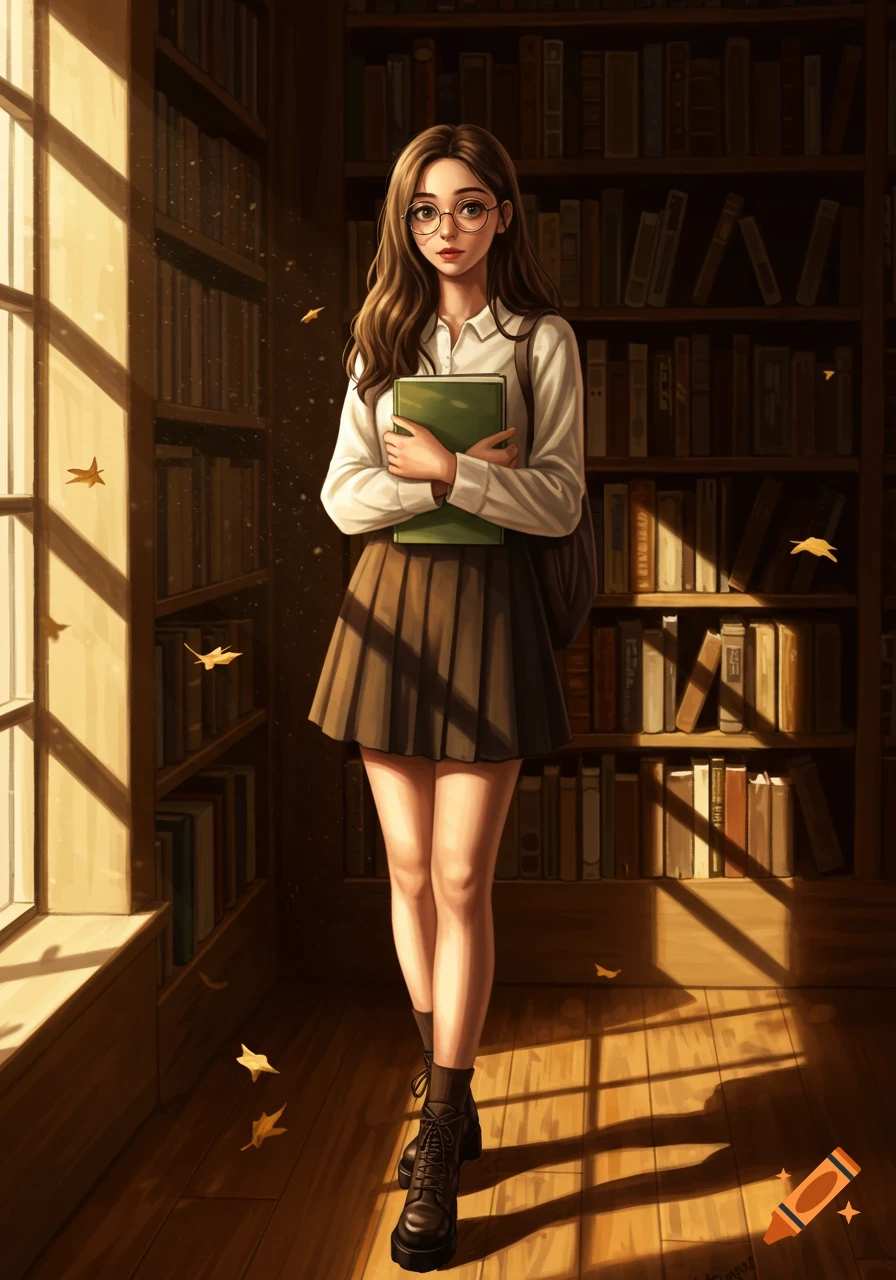 An anime-style girl with glasses and long brown hair holds a book in a sunlit library.