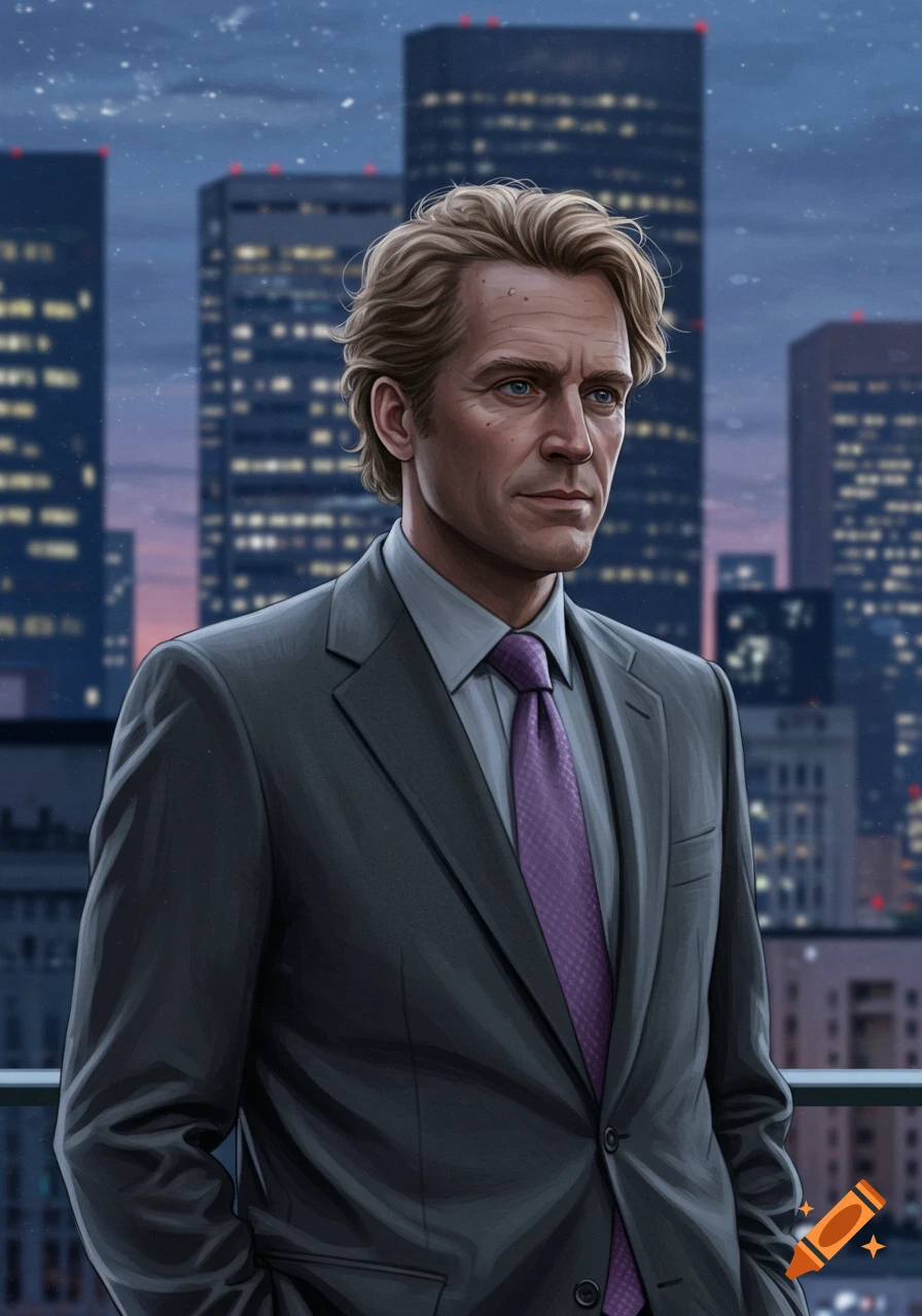 A digital painting of a man with blonde hair in a gray suit and purple tie, standing on a rooftop overlooking a city at dusk.