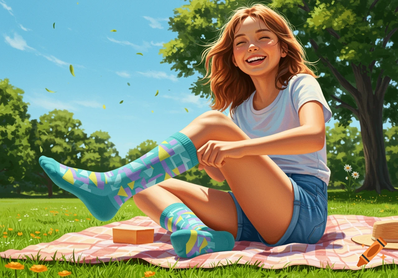 A happy young woman sitting on a picnic blanket in a sunny park, adjusting her colorful patterned sock.