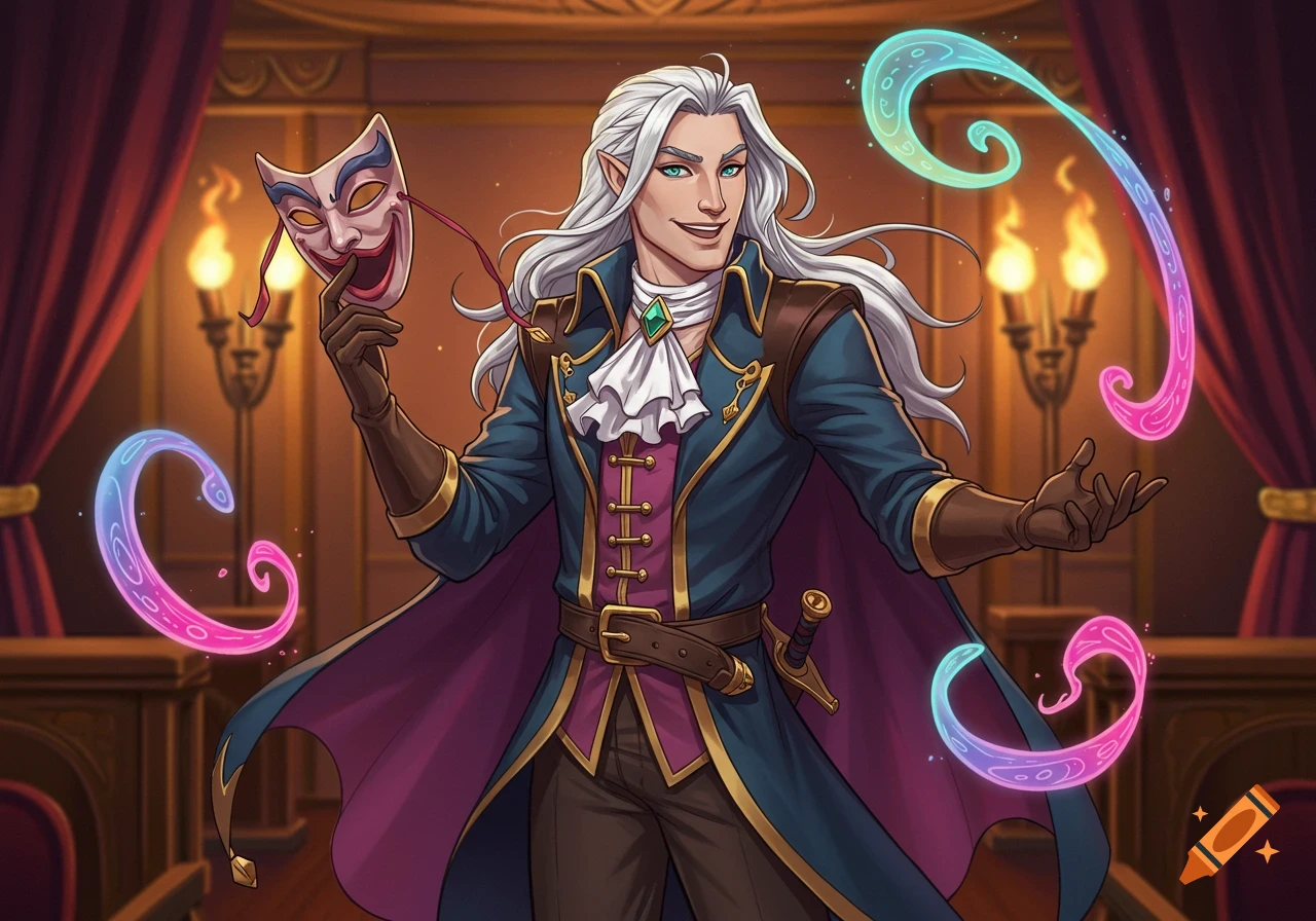 A cartoony fantasy illustration of a long silver-haired male elf holding a theater mask and conjuring magic in an ornate room.