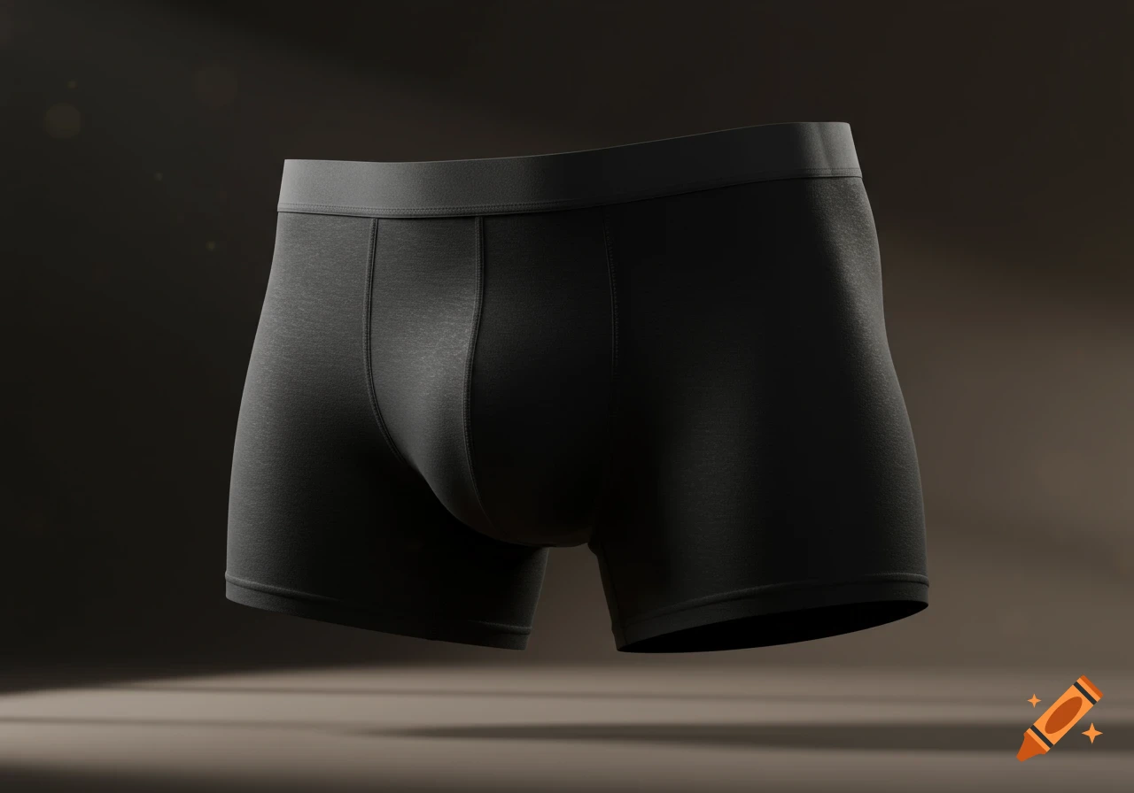 Photorealistic image of black boxer briefs floating against a dark, warmly lit background.