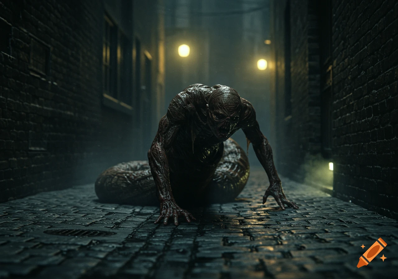 A grotesque, reptilian-like creature with a snake-like body crawls on a wet cobblestone alley at night, lit by dim streetlights.