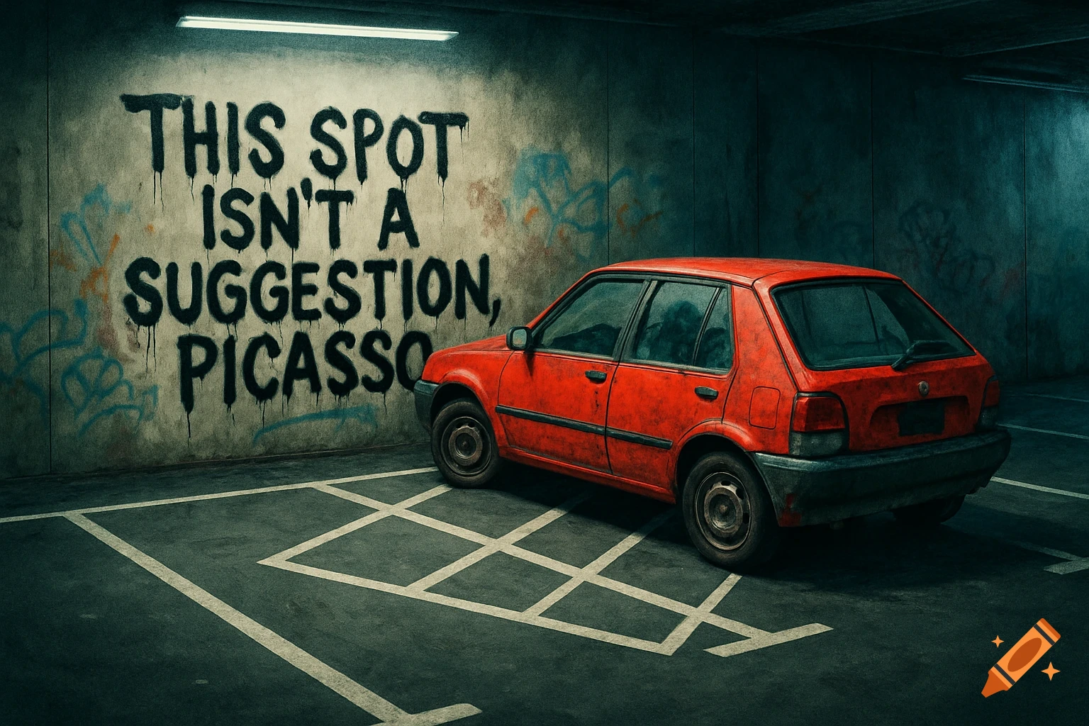 A red car parked diagonally in a dimly lit concrete parking garage with "THIS SPOT ISN'T A SUGGESTION, PICASSO" graffiti on the wall.