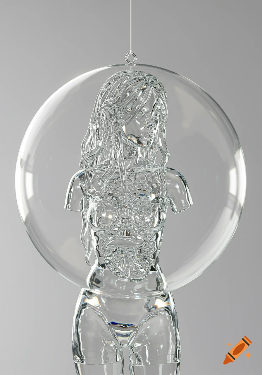 A detailed 3D render of a female torso and head statue made of clear glass, with intricate internal structures, suspended in a glass sphere.