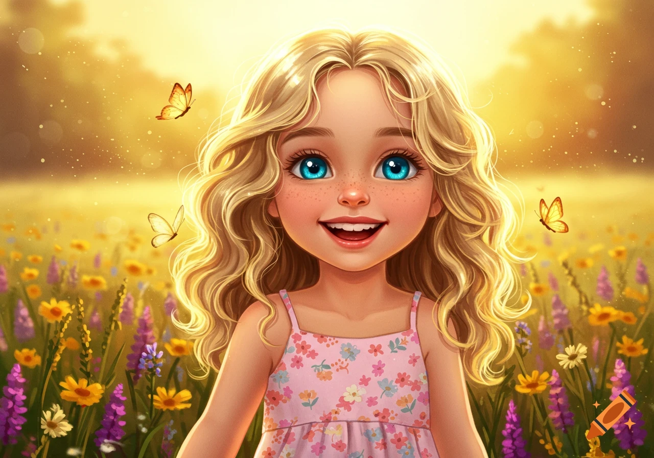 A very cute cartoon blonde girl with blue eyes and freckles smiling in a vibrant field of flowers with butterflies, bathed in golden sunlight.