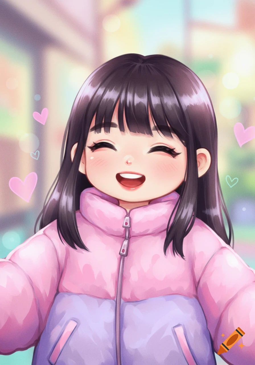 A close-up, brightly colored anime illustration of a happy chibi girl with dark hair and a pink and purple puffer jacket.
