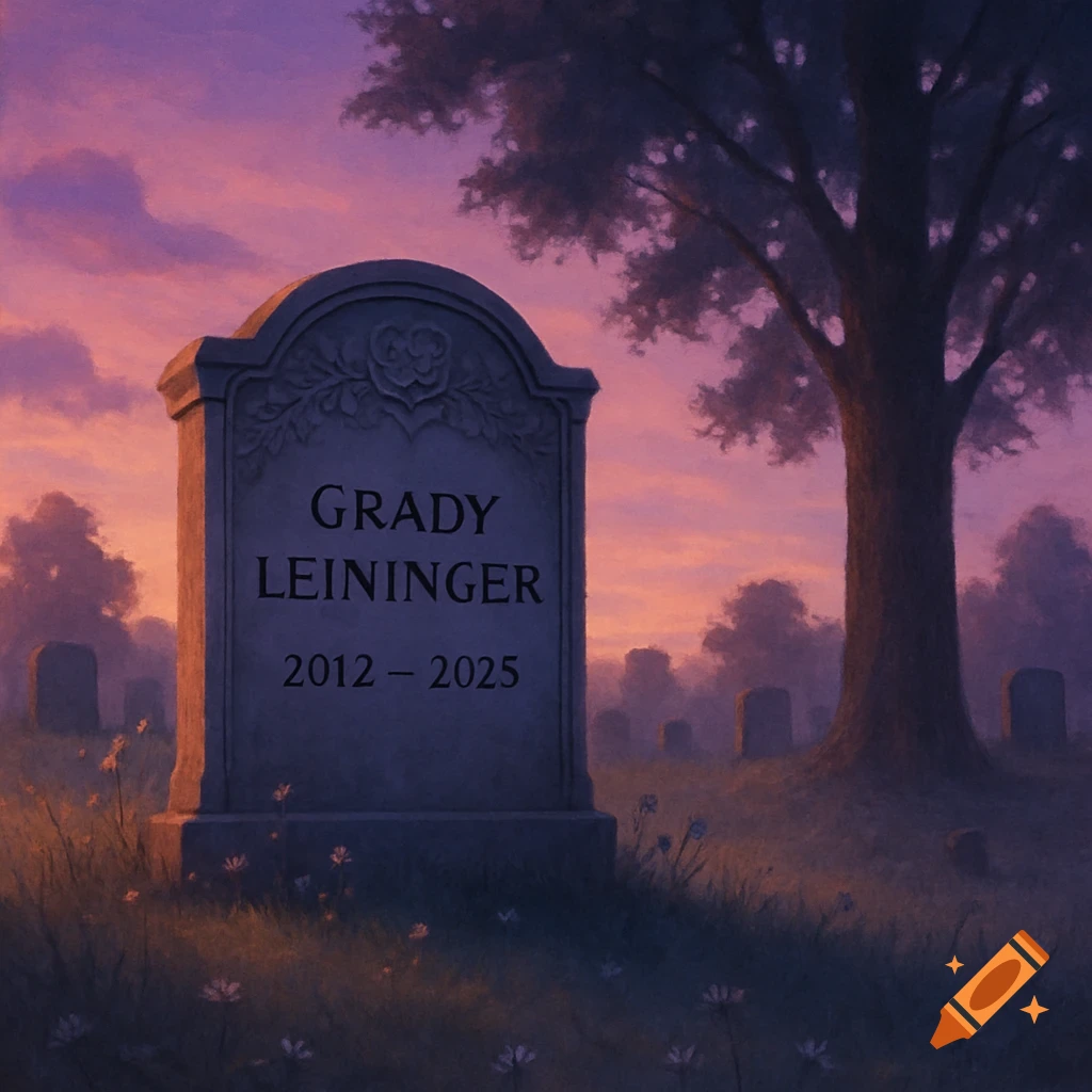 A tombstone in a graveyard at sunset, engraved with 'Grady Leininger 2012-2025' on it, in a painterly style.