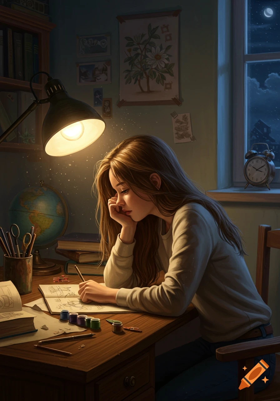 An illustrated young woman with long brown hair studies at a wooden desk under a lamp at night, with a globe and books nearby.