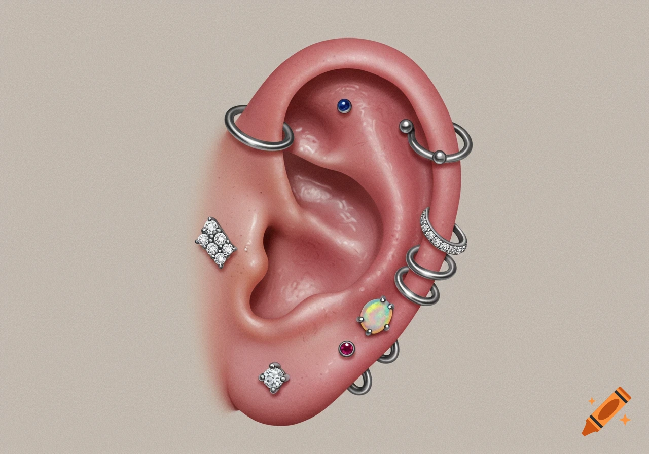 A detailed illustration of a human ear with multiple piercings, including rings, studs, and gemmed jewelry.