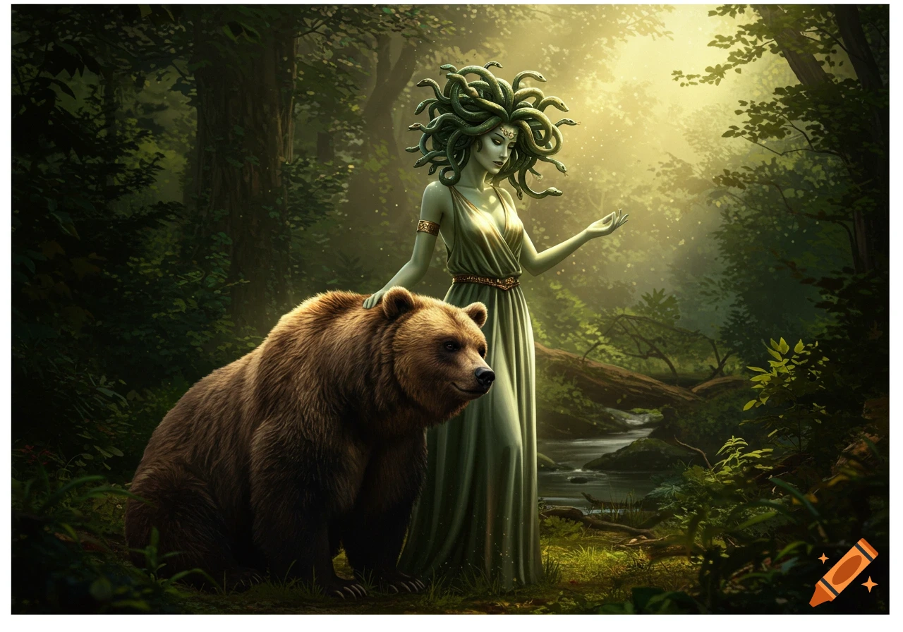 Medusa in a green dress pets a brown bear in a sunlit forest next to a stream, mythological fantasy art.
