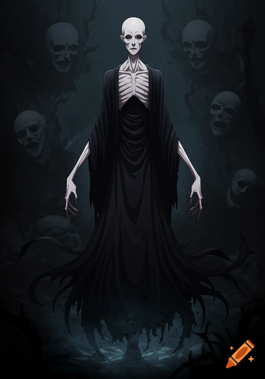 A bald, emaciated humanoid in a flowing black cloak with exposed ribs, standing against a dark background with ghostly faces, in an anime style.