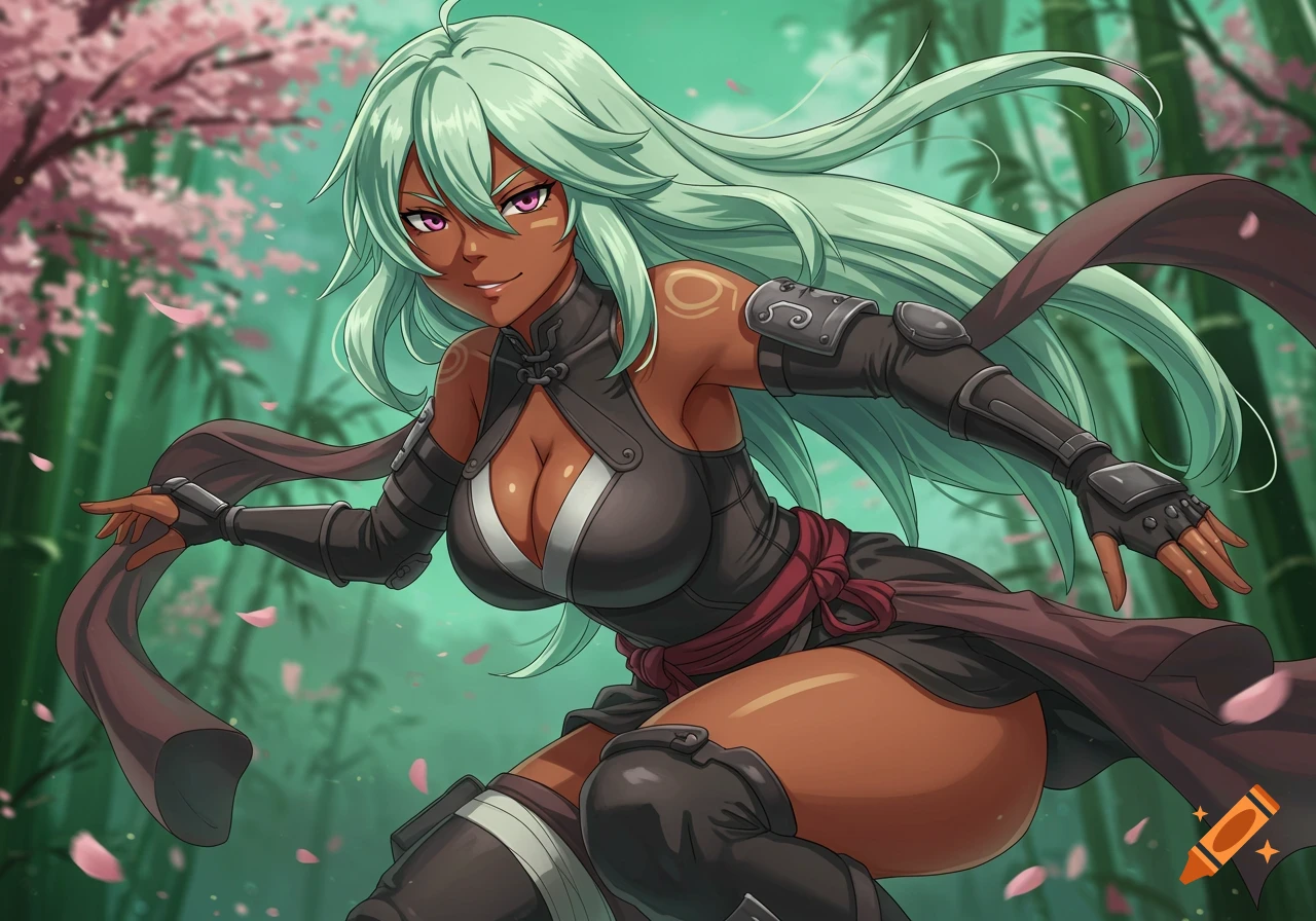 An anime girl with light green hair and tan skin in a ninja costume, standing in a bamboo forest with pink cherry blossoms.