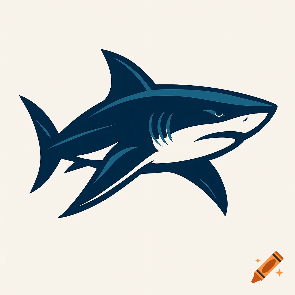 A stylized dark blue and white logo of a shark swimming to the right.