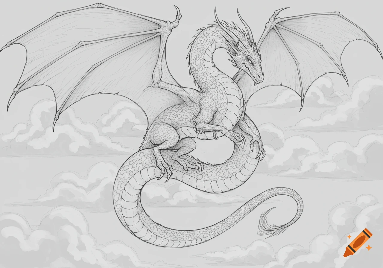 Pencil sketch of a majestic dragon with large wings, hovering above clouds.