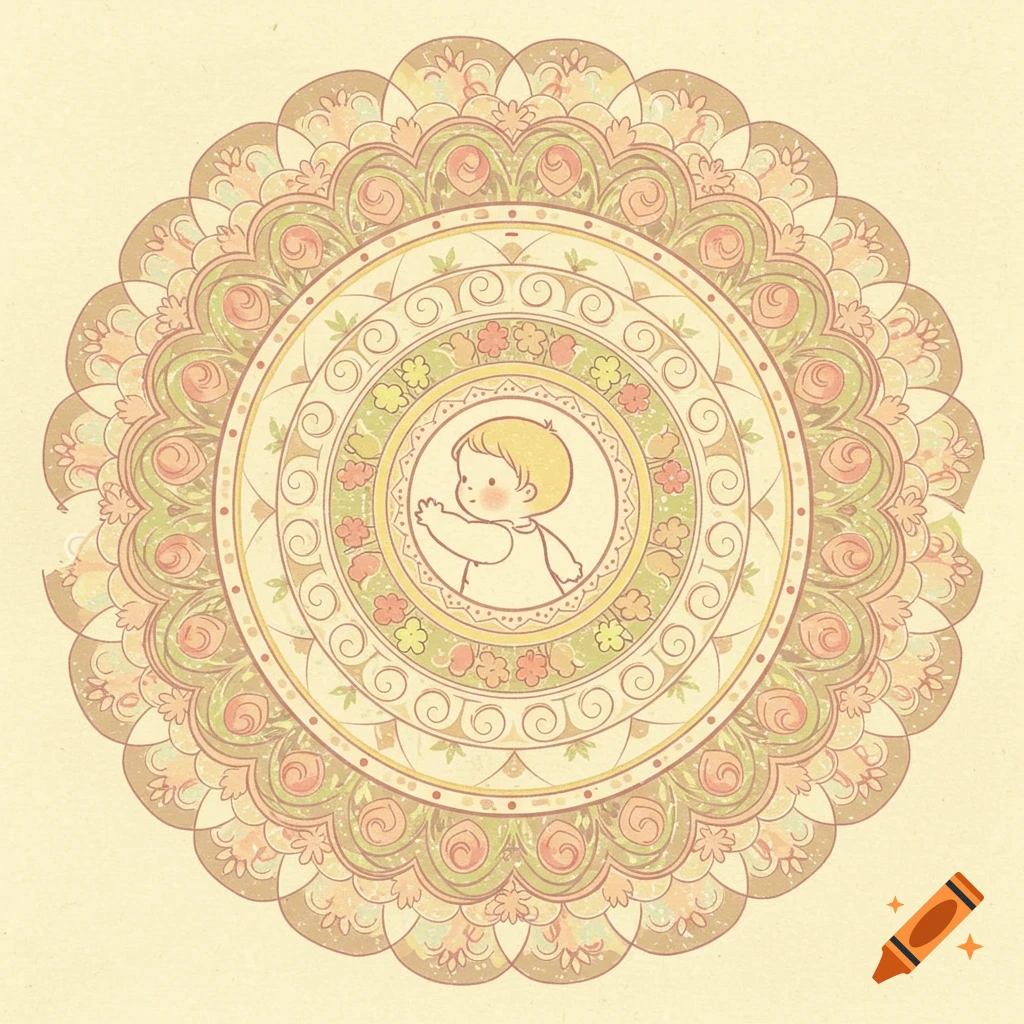 A circular mandala in warm tones with a cute baby's face and outstretched arm in the center, surrounded by floral patterns.