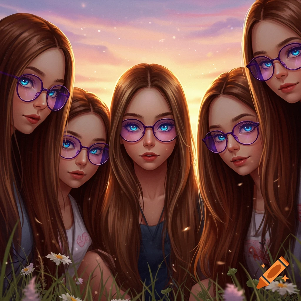 Multiple anime-style girls with long brown hair, purple glasses, and blue glowing eyes look forward, amidst grass and flowers with a vibrant sunset background.