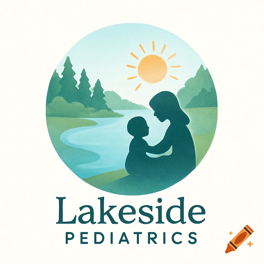 A colorful logo illustration features a mother and child silhouette in a landscape with a river, trees, and sun, with the text 'Lakeside PEDIATRICS' below.