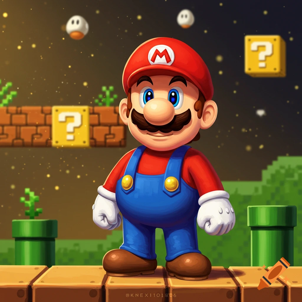 Mario stands on a brick platform in a Super Mario Bros. world, with question blocks and pipes in the background.