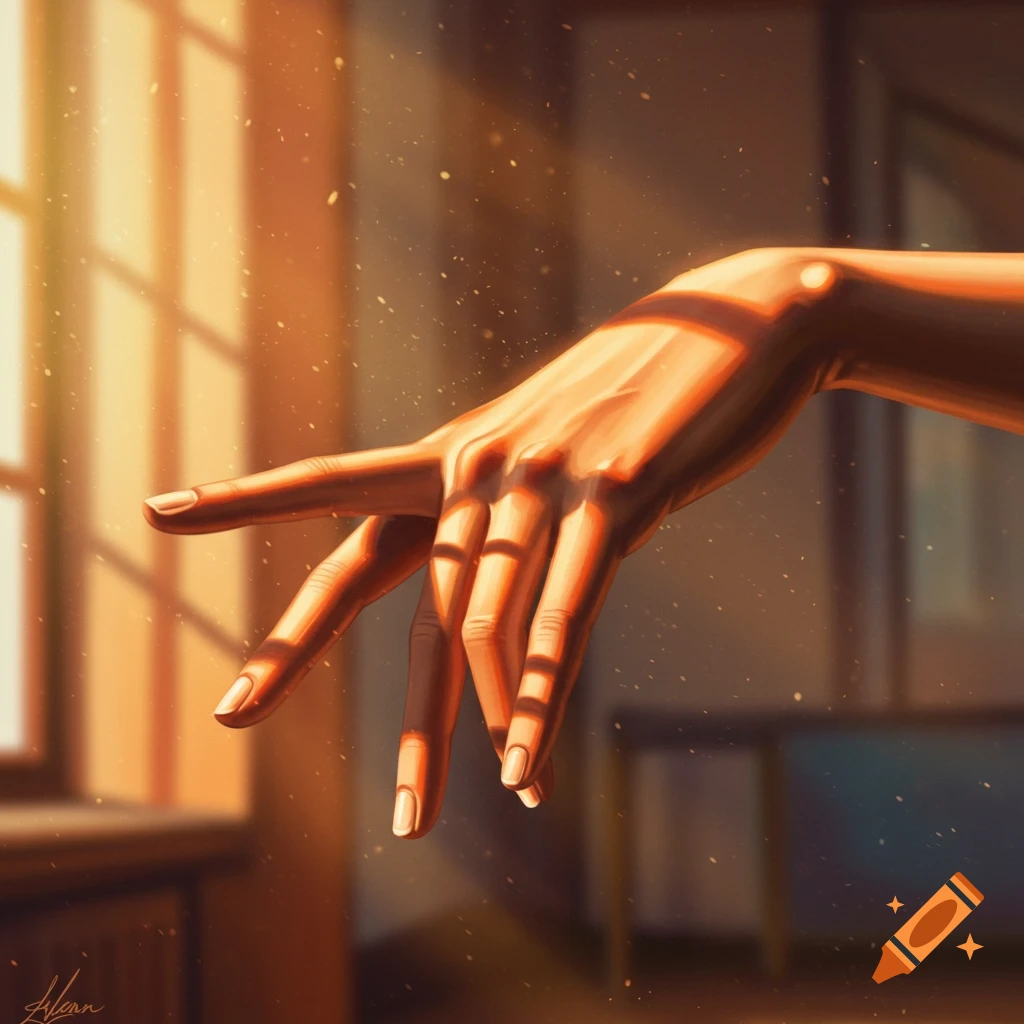 Digital painting of a hand in warm sunlight, casting shadows from a window, with dust motes in the air.