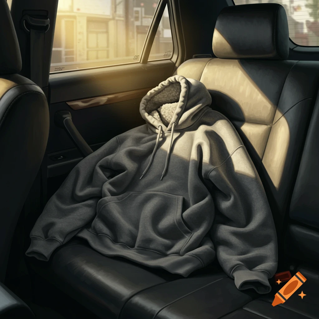 A grey oversized hoodie lies on the black leather backseat of a car, illuminated by sunlight through the window, photorealistic.