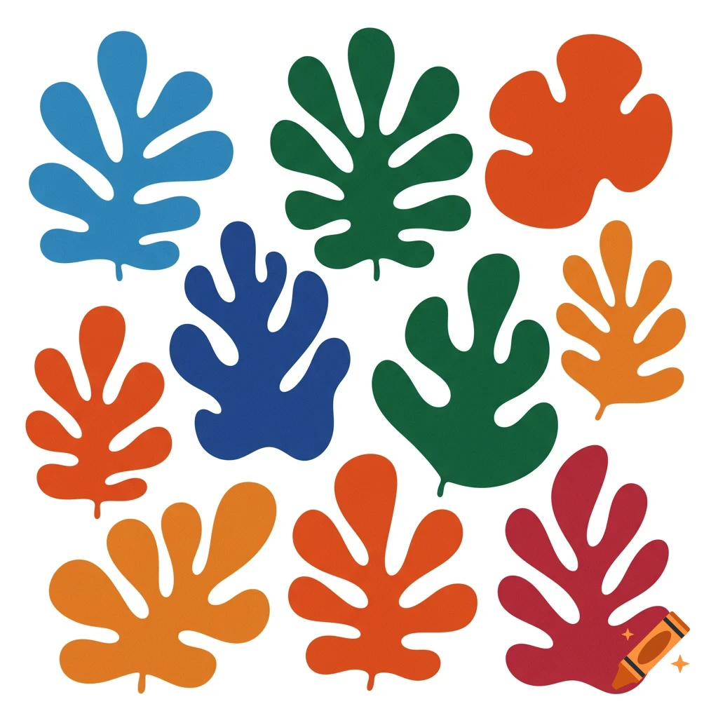 A white background with a colorful array of abstract leaf shapes in blue, green, orange, and red, in the style of Matisse.