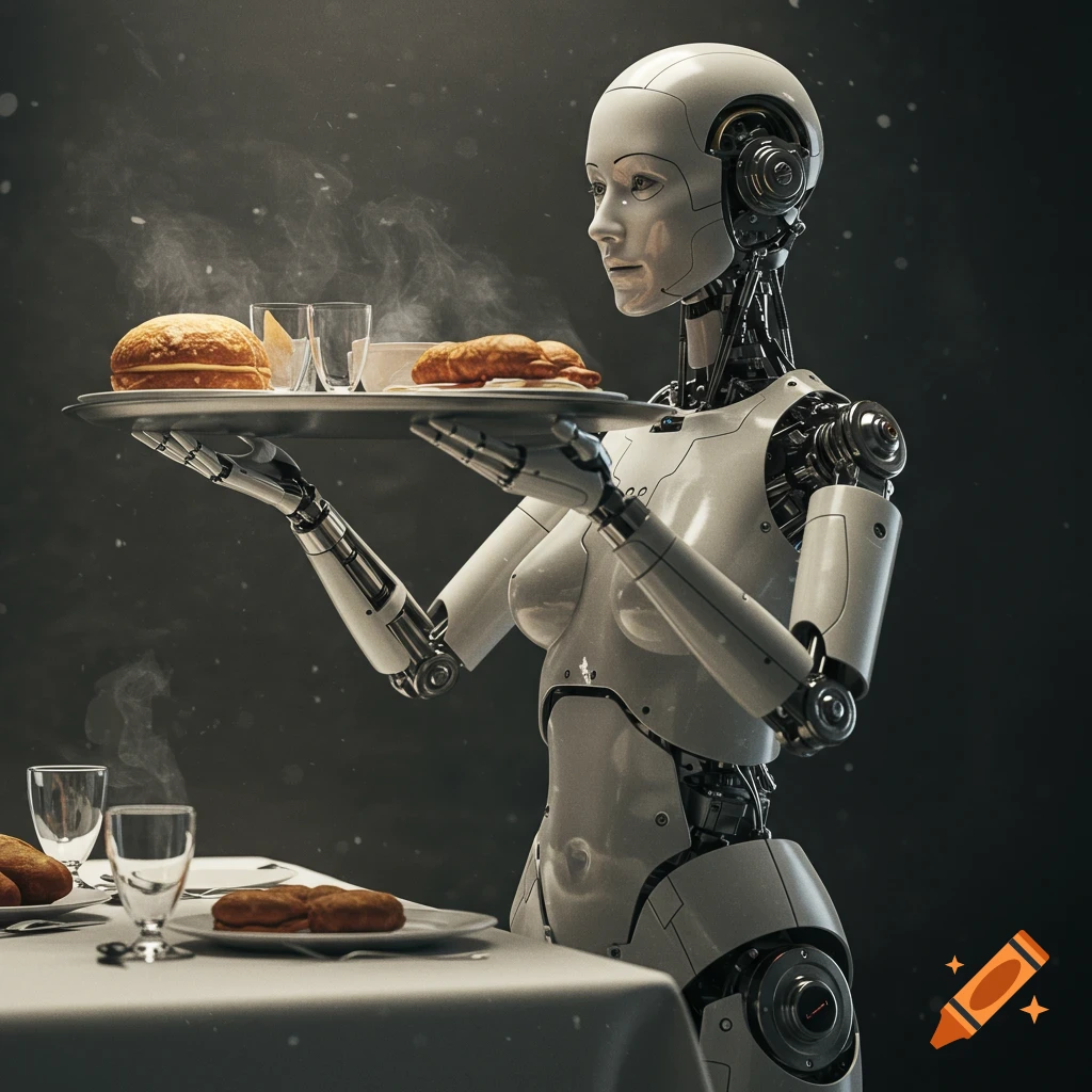 A hyper-realistic female android waiter holds a tray of steaming food, standing next to a dining table.