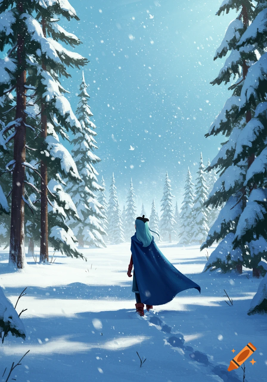 Hilda in a blue cape walks through a snowy taiga forest with tall pine trees.