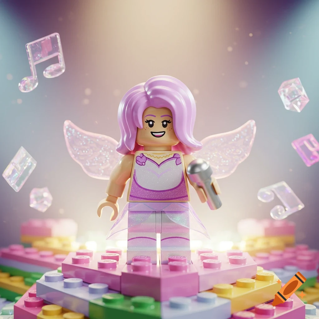 A Lego minifigure with pink hair and sparkly wings, holding a microphone on colorful Lego bricks, surrounded by floating musical notes.