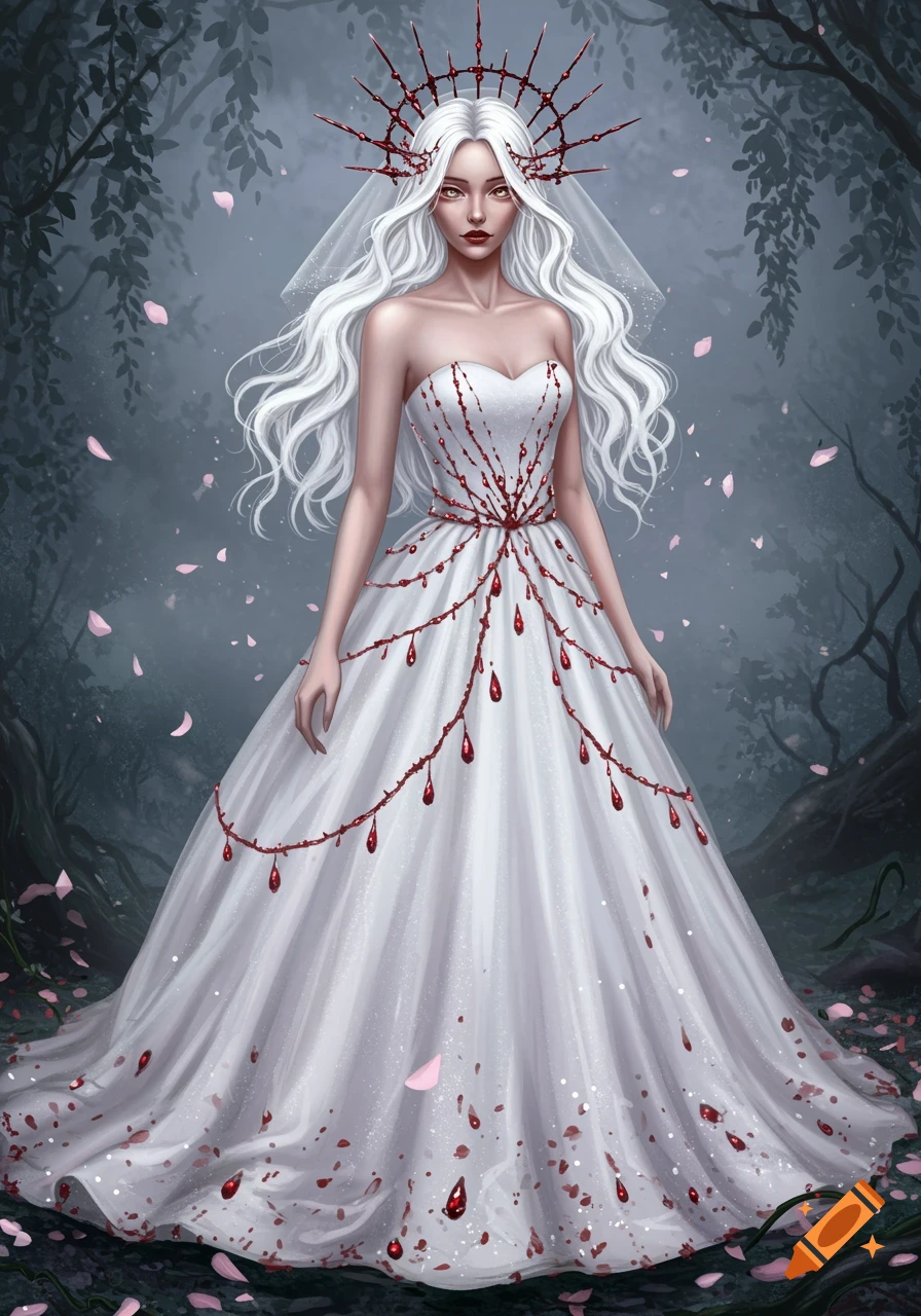 A pale woman with long white hair in a white strapless gown with red ruby-like drops and a thorny crown stands in a dark forest.