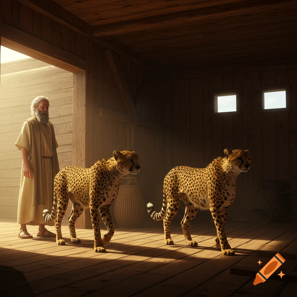Photorealistic image of bearded Noah watching two cheetahs enter a wooden ark through a sunlit doorway.